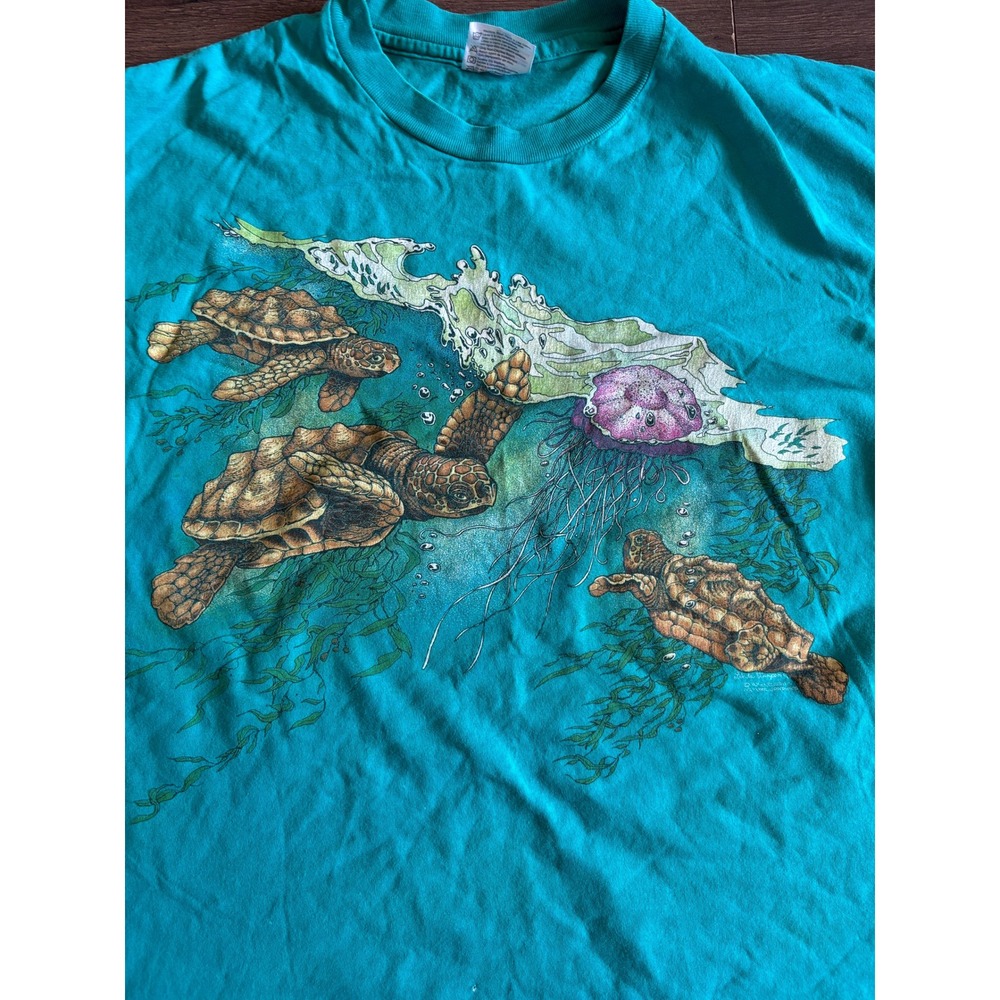Vintage 1993 Nature Graphics Sea Turtle T-Shirt Teal Hanes Beefy-T XL Harlequin - Picture 2 of 7